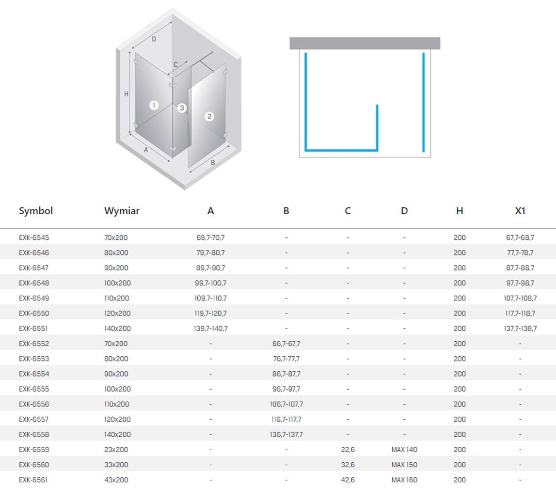 New Trendy Eventa Copper Shine Kabina Walk In Rysunek techniczny